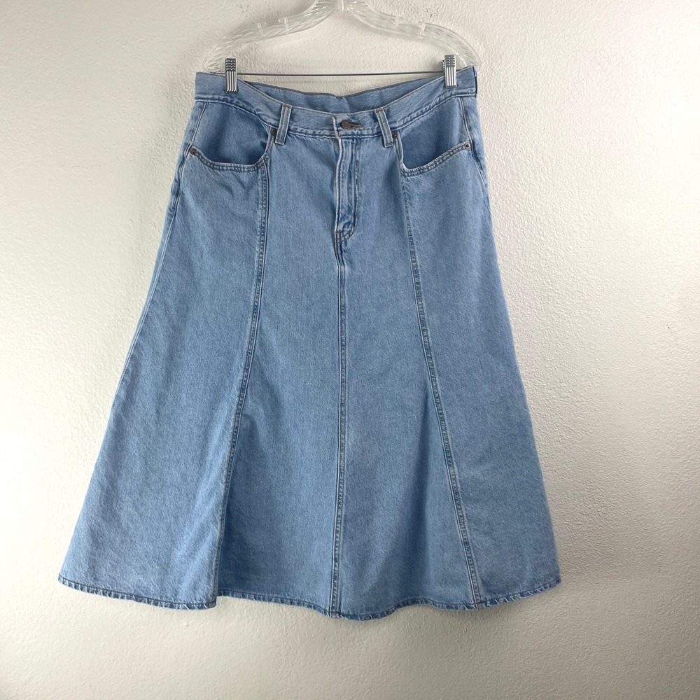 Levi's Denim Skirt Womens 33 Light Wash Blue A-Line Paneled Midi Skirt Boho